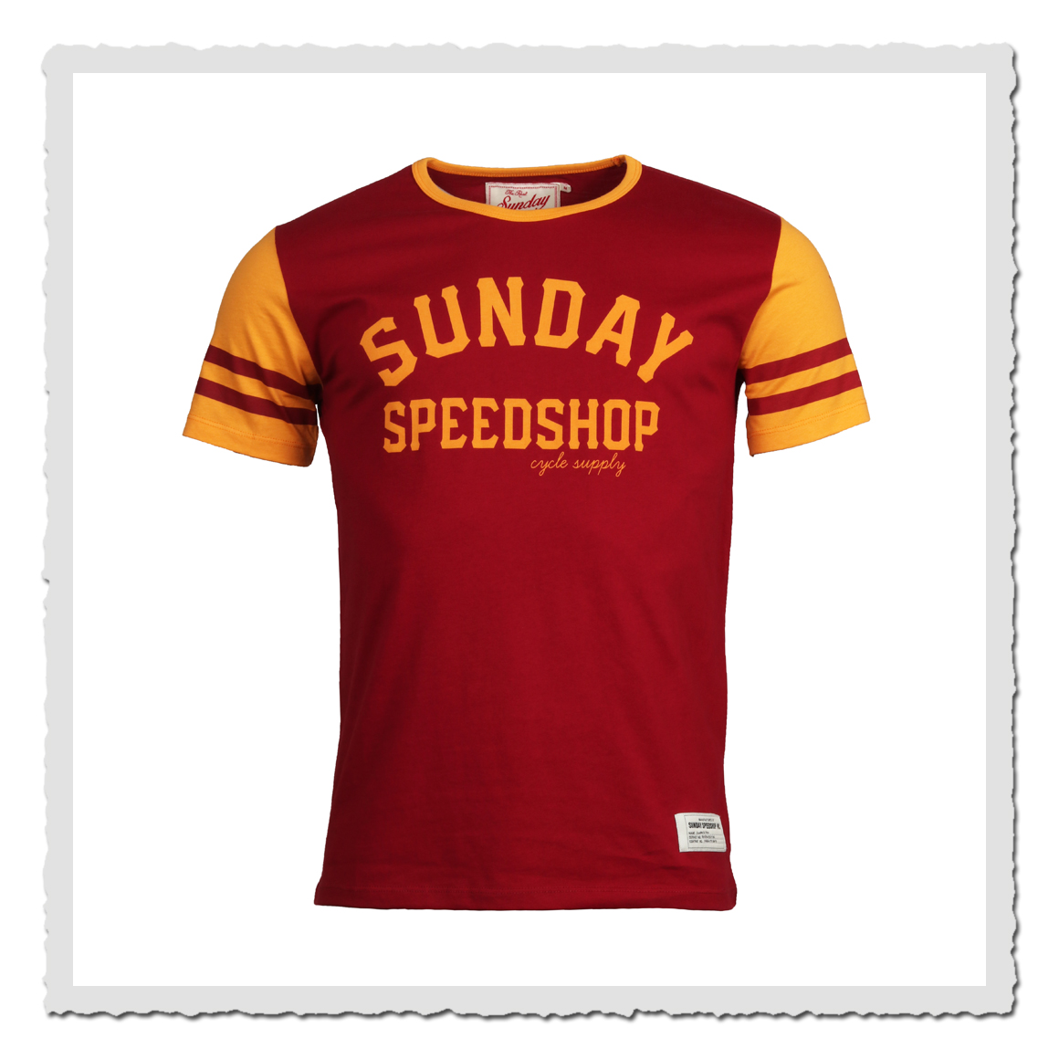 Zweifarbiges T-Shirt von Sunday Speed Shop in Rot mit gelben Ärmeln und Frontprint „Sunday Speedshop“