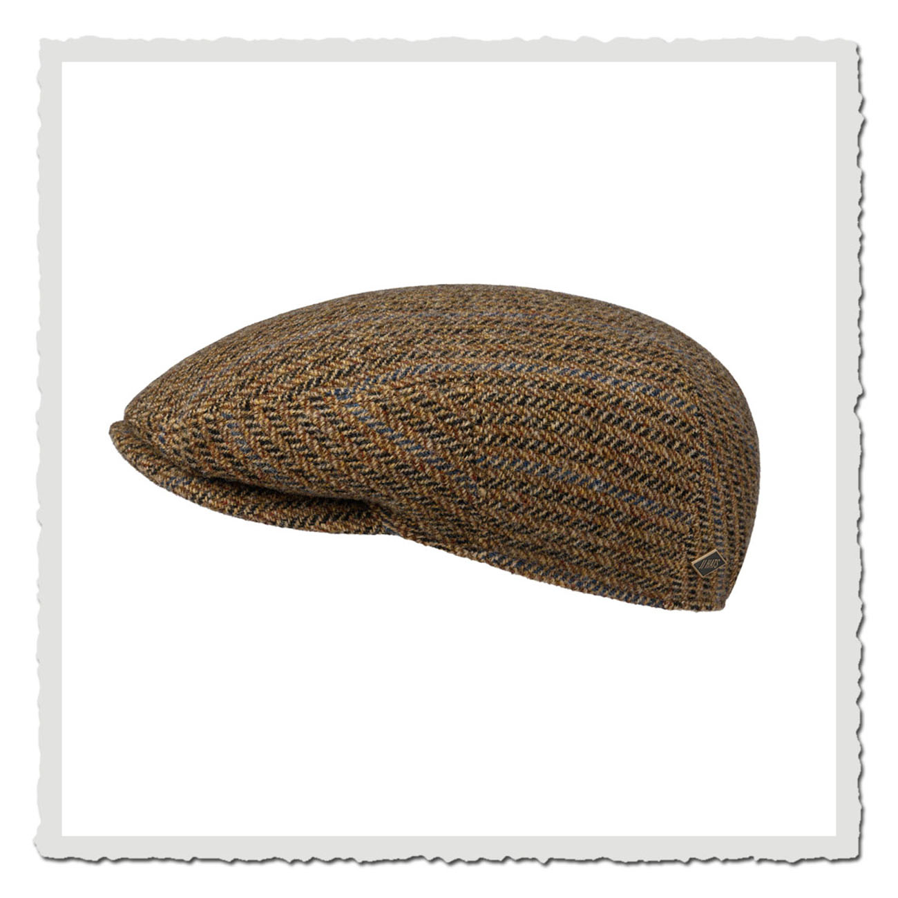Klassische Schiebermütze von JJ Hats in Driver-Cap-Form aus reiner Schurwolle. Die Mütze zeigt ein braun-beiges Fischgrätenmuster mit feinen blauen Linien und hat einen kleinen, gebogenen Schirm.