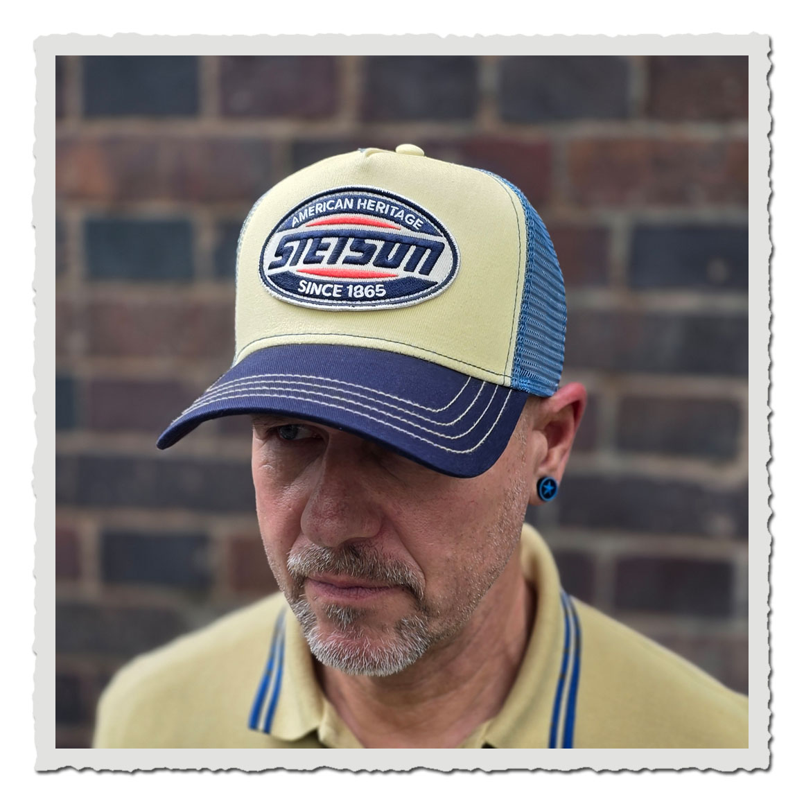 Stetson Trucker Cap High Speed 7751105 29 in Beige-Blau mit ovalem Logo-Patch und Mesh-Rückseite