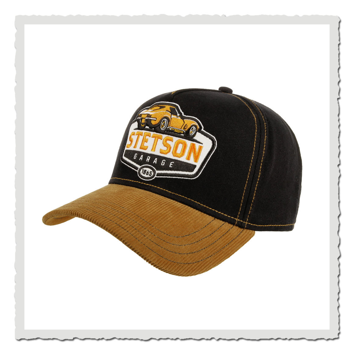 Stetson Trucker Cap Garage in Schwarz-Braun mit Oldtimer-Stickerei und Cord-Schirm