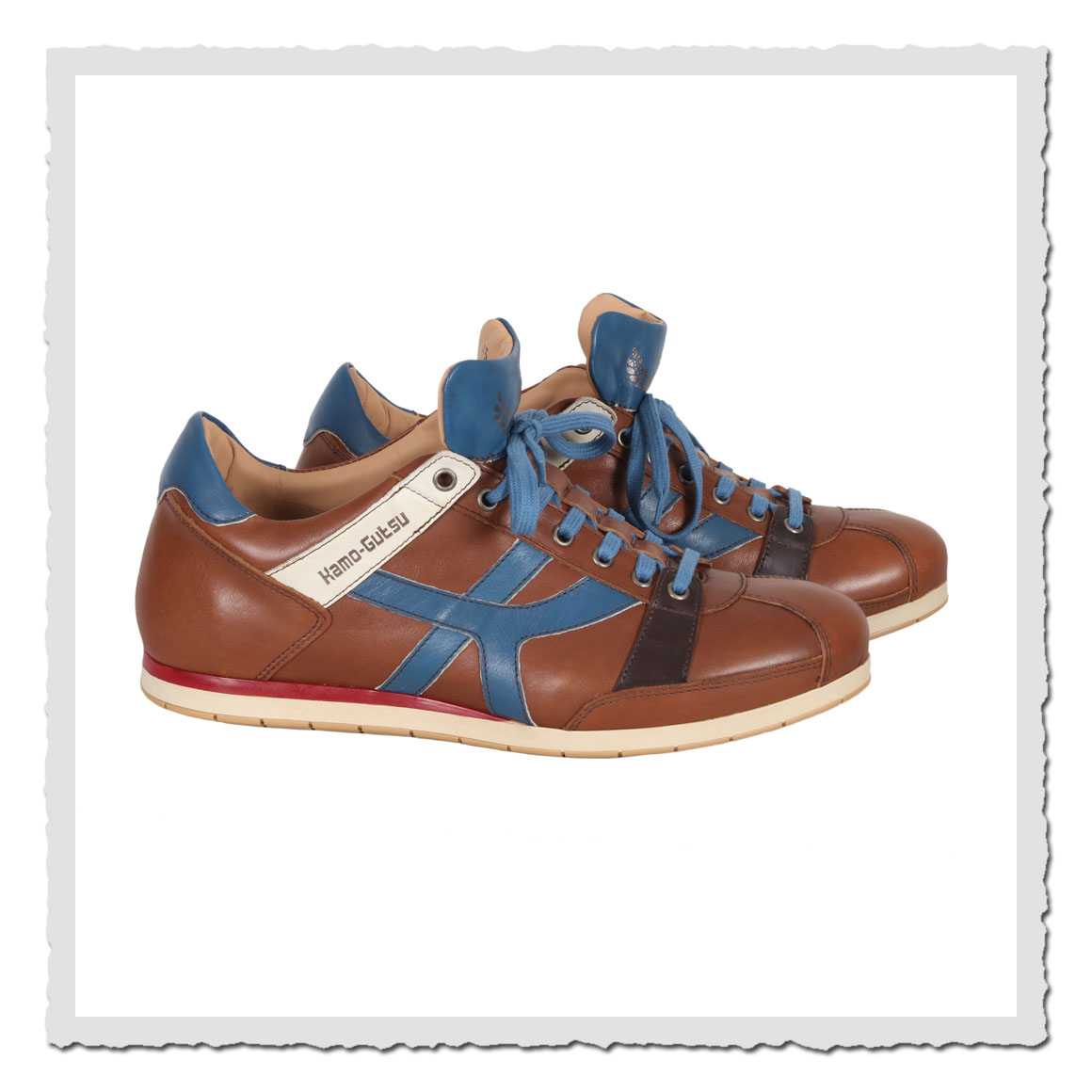 Kamo-Gutsu 044 Caramel-Magia Sneaker aus Leder in Braun mit blauen Details und Retro-Design