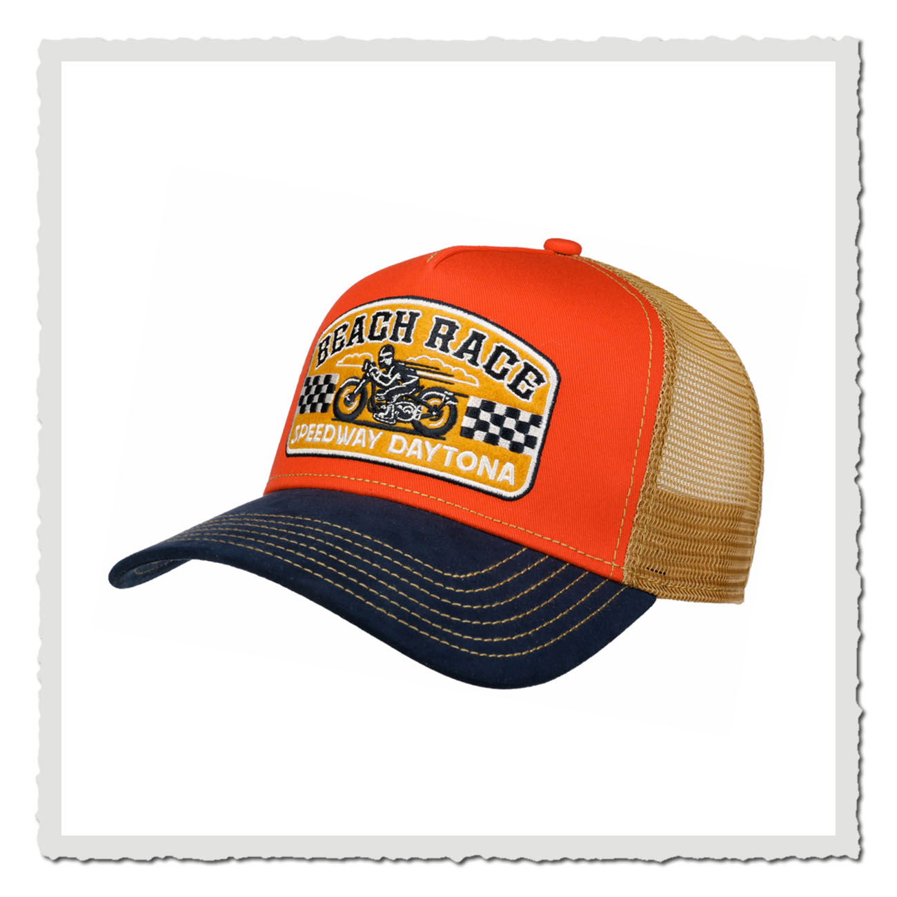 JJ Hats Trucker Cap Beach Race – orange-gelbe Retro Meshcap mit Daytona Patch, Frontansicht