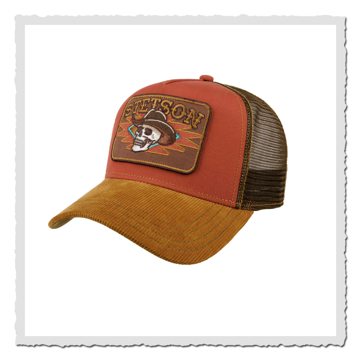 Stetson Trucker Cap Skull in Rot-Braun mit Totenkopf-Stickerei, Cordschirm und Mesh-Rückseite