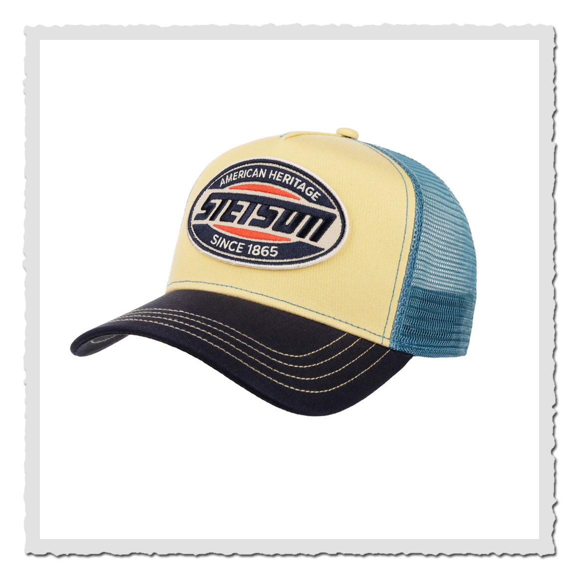 Stetson Trucker Cap High Speed in Gelb-Blau mit Heritage-Stickerei und Mesh-Rückseite