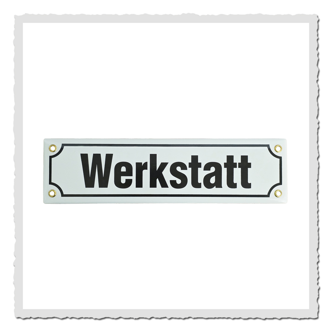 Emailleschild Werkstatt weiß/schwarz ca. 30×8 cm – Retro-Türschild aus Emaille