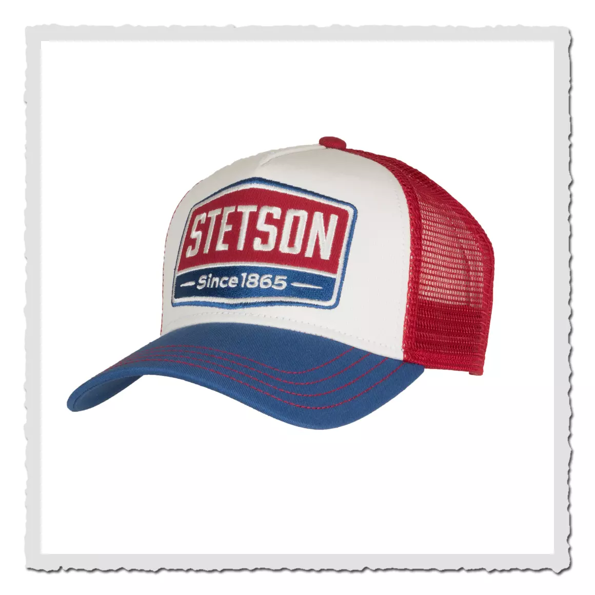 Stetson Trucker Cap Gasoline 7751107 28 in Weiß-Rot-Blau mit Logo-Patch und Mesh-Einsatz