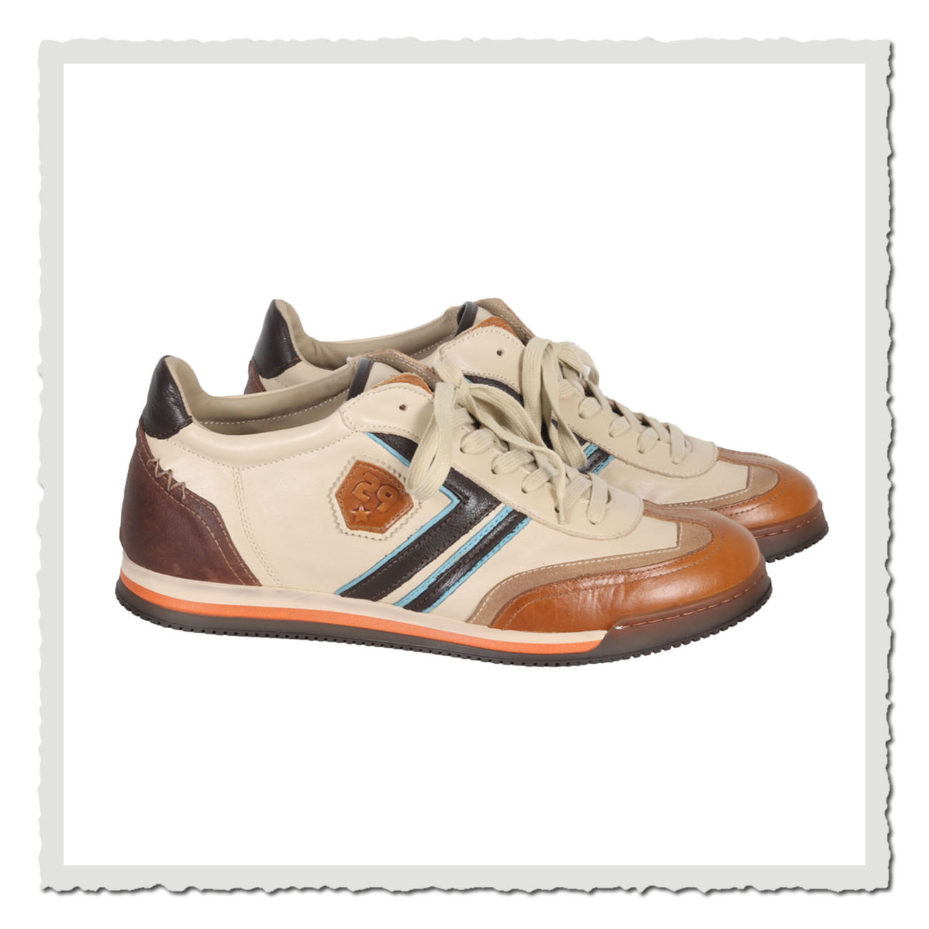 Kamo-Gutsu Scudo 008 Greige Combi Herren-Sneaker in Beige-Braun mit blauen Details und Retro-Look