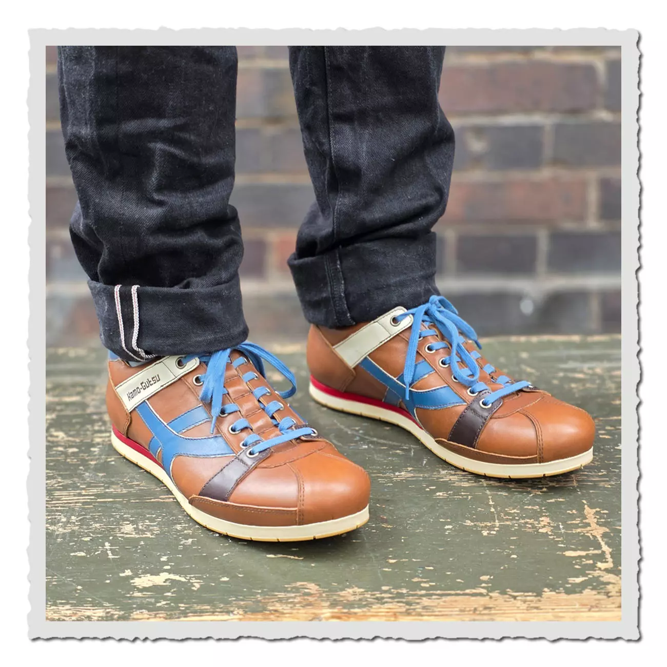 Kamo-Gutsu Tifo 044 Caramel-Magia – Retro-Freizeitschuhe aus Leder in Braun-Blau mit Kontrastsohle