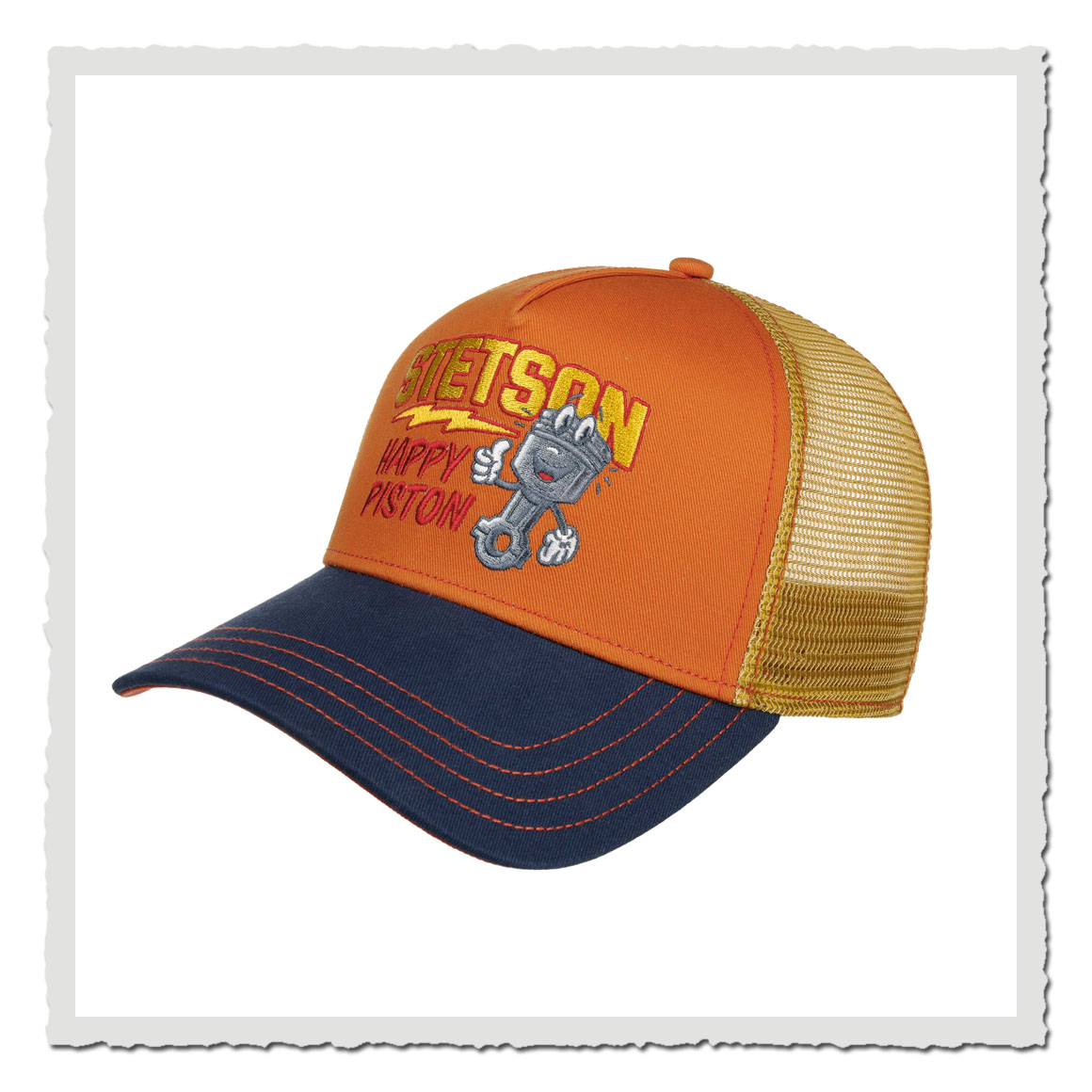 Stetson Trucker Cap Piston in Orange/Blau mit Happy-Piston-Stickerei und Mesh-Rückseite