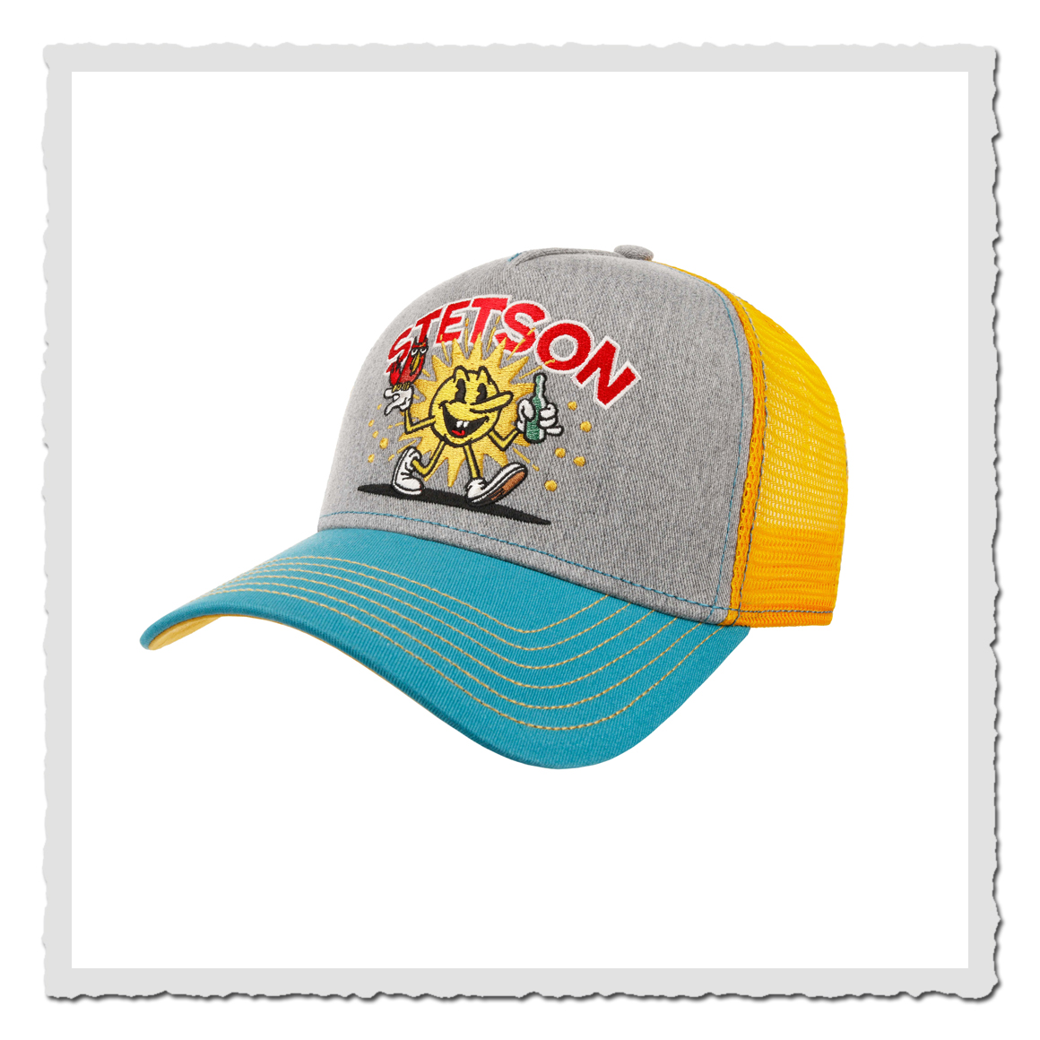 Stetson Trucker Cap Fun in Grau-Gelb-Blau mit bunter Comic-Stickerei und Mesh-Rückseite