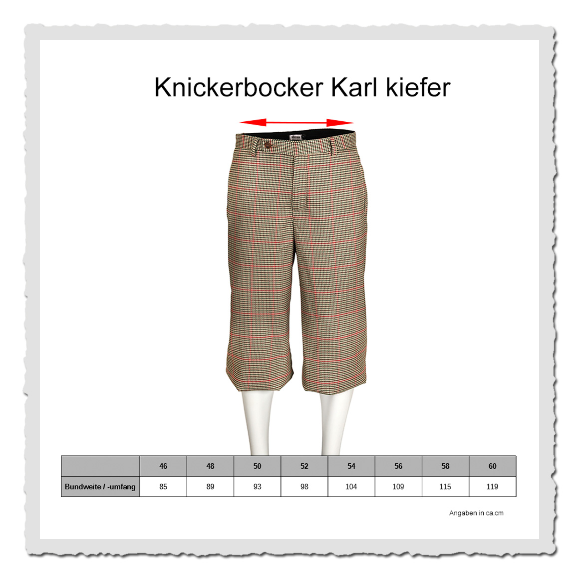 Masstabelle der Retronia Knickerbocker Karl kariert – klassische Herren Golfhose mit Retro-Charme