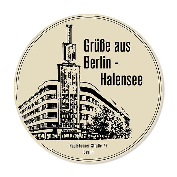 Zeichnung eines markanten Berliner Gebäudes mit Turm und Ladenzeile, Standort des Retronia-Geschäfts