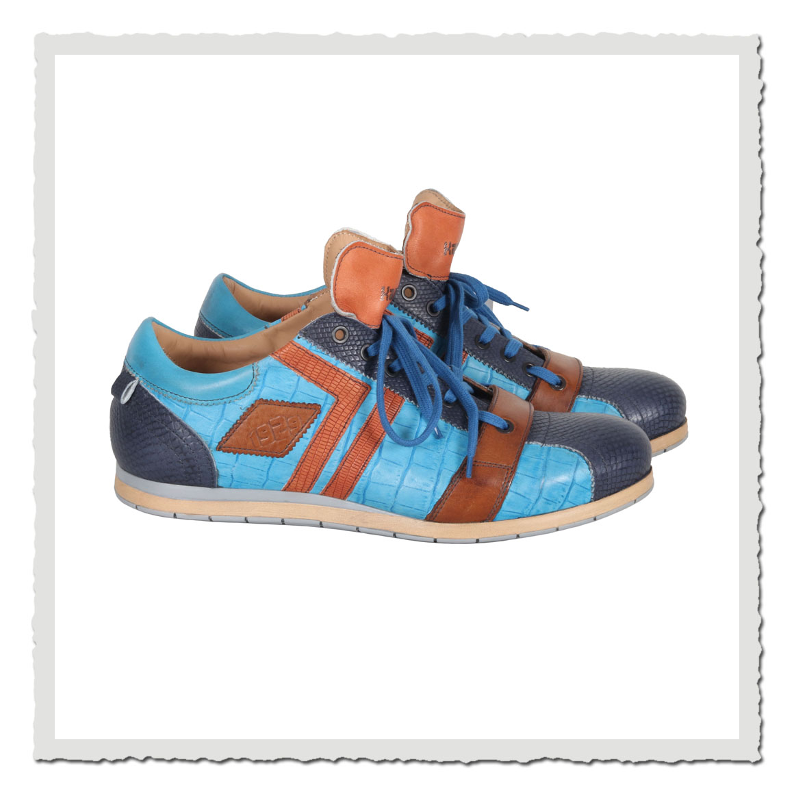 Kamo-Gutsu Retro-Sportschuhe Tifo 030 in Blau-Orange aus Leder mit sportlicher Sohle