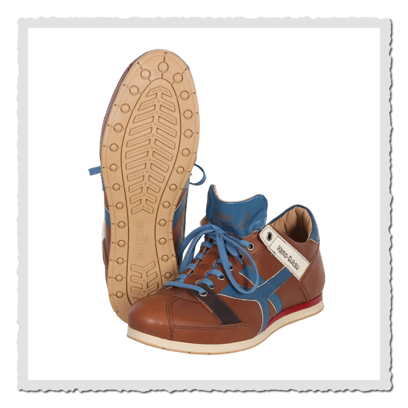 Kamo-Gutsu 044 Caramel-Magia Lederschuh in Braun mit blauen Akzenten und urbanem Design