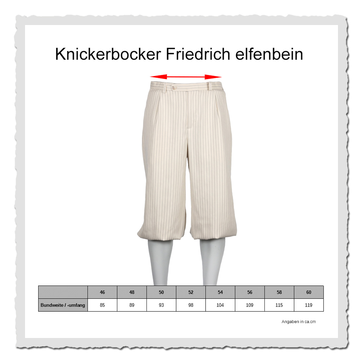 Masstabelle Knickerbocker Friedrich elfenbein – Retrohose für Oldtimer, Golf und 20er Jahre Events