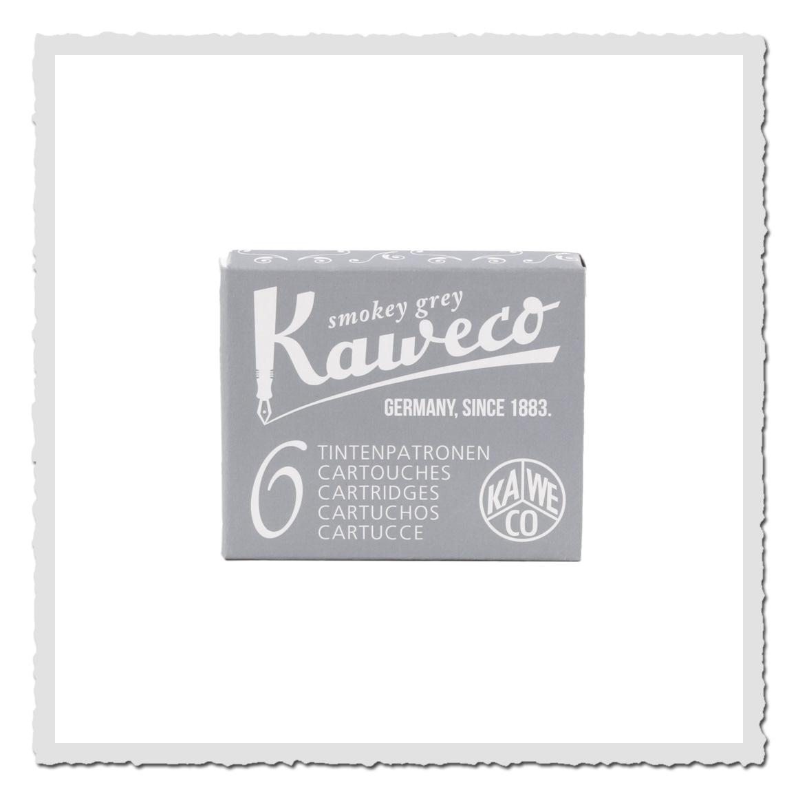 Packung Kaweco Tintenpatronen Rauchgrau mit Aufdruck „6 Tintenpatronen“ frontal