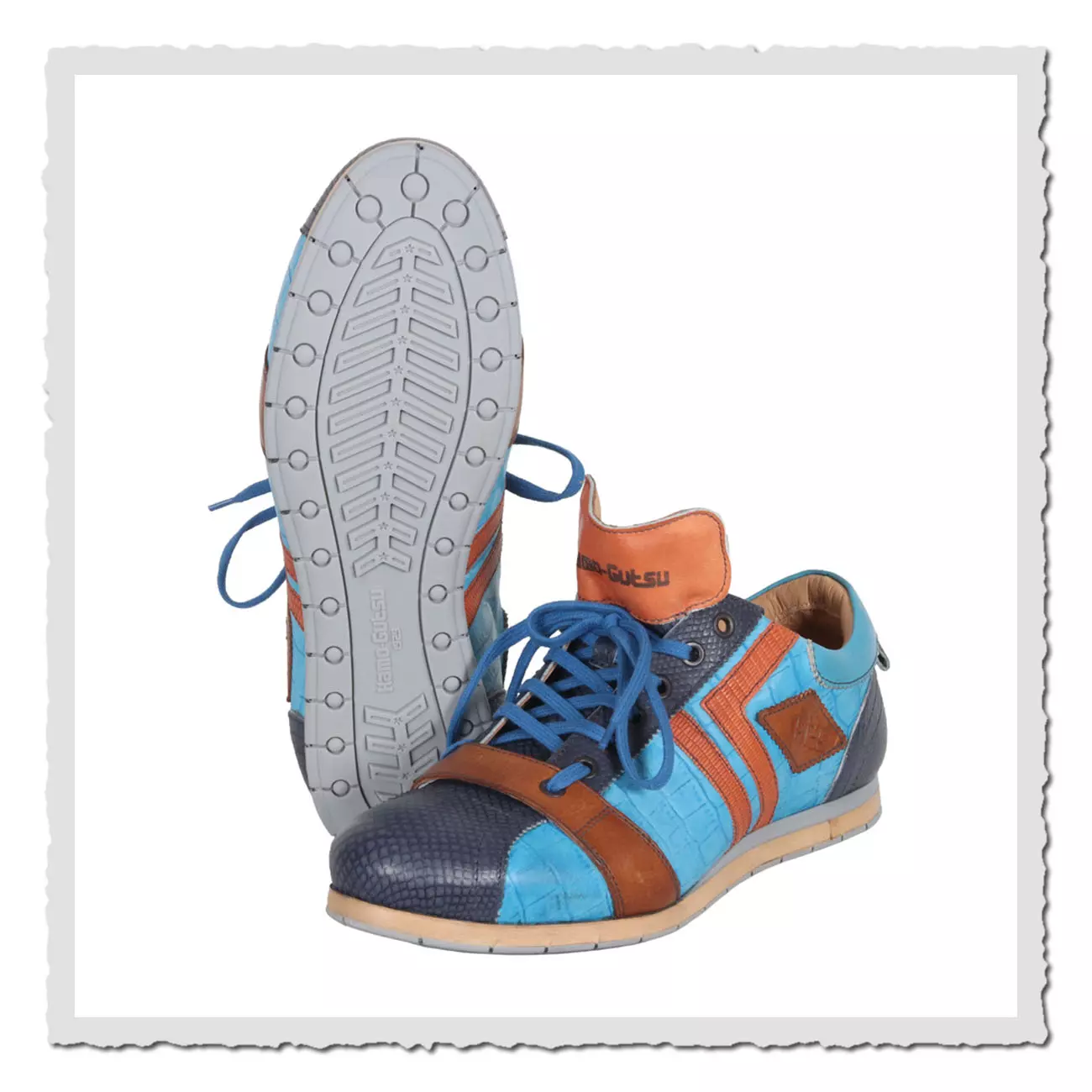 Kamo-Gutsu Tifo 030 Retro-Sneaker in Blau-Orange, mit markanter Sohle in Nahansicht