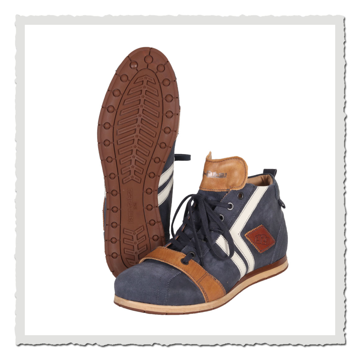 Kamo-Gutsu Tifo 130 Cancun Deep Blue Retro-Sneaker aus Leder-Textil in Blau und Cognac
