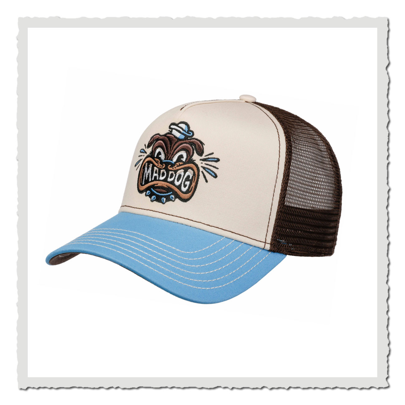 J Hats Trucker Cap Mad Dog Beige/Hellblau mit Bulldoggen-Motiv und braunem Mesh im Retro-Stil