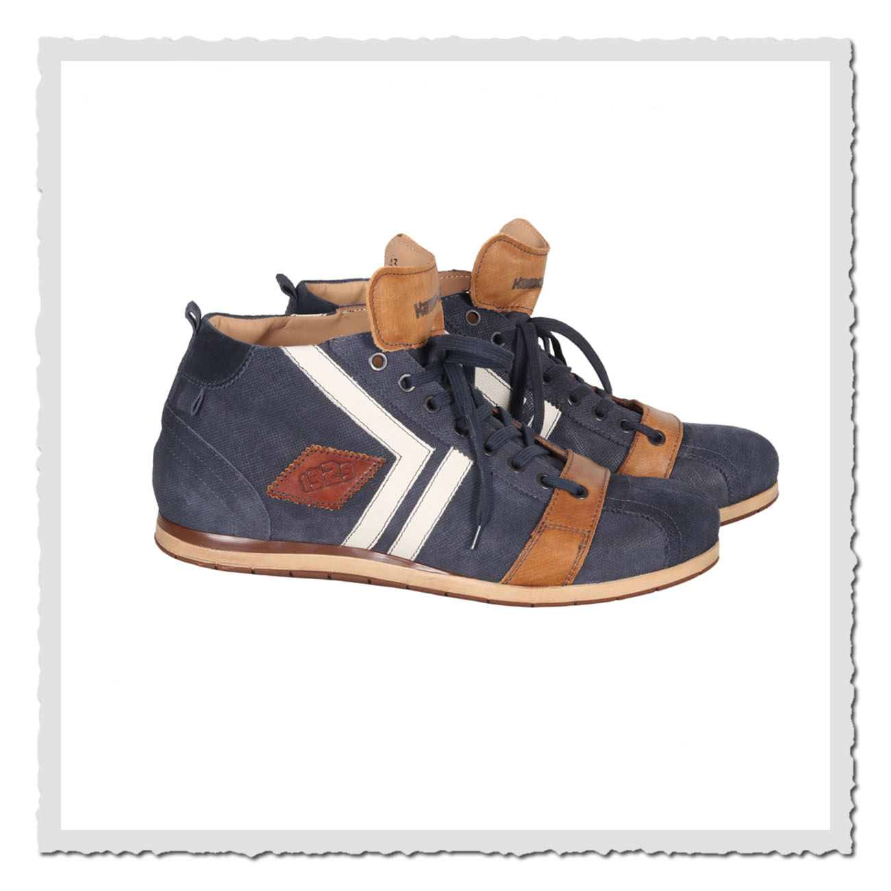Kamo-Gutsu Tifo 130 Cancun Deep Blue Sneaker in Blau mit cognacfarbenen Akzenten und Retro-Design